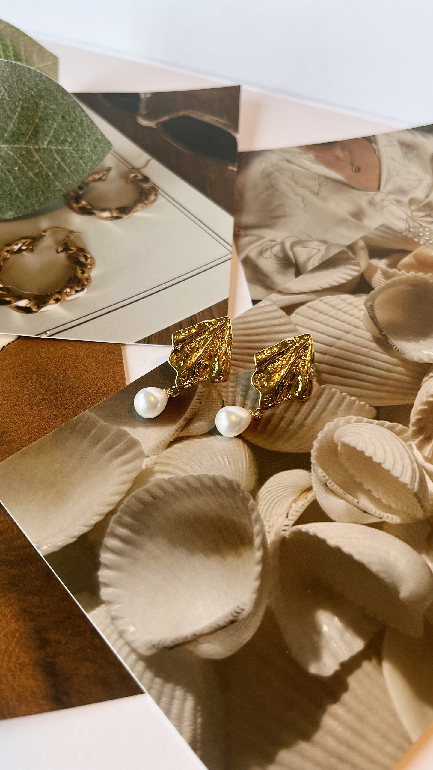 Gold hammered earring pearl drops