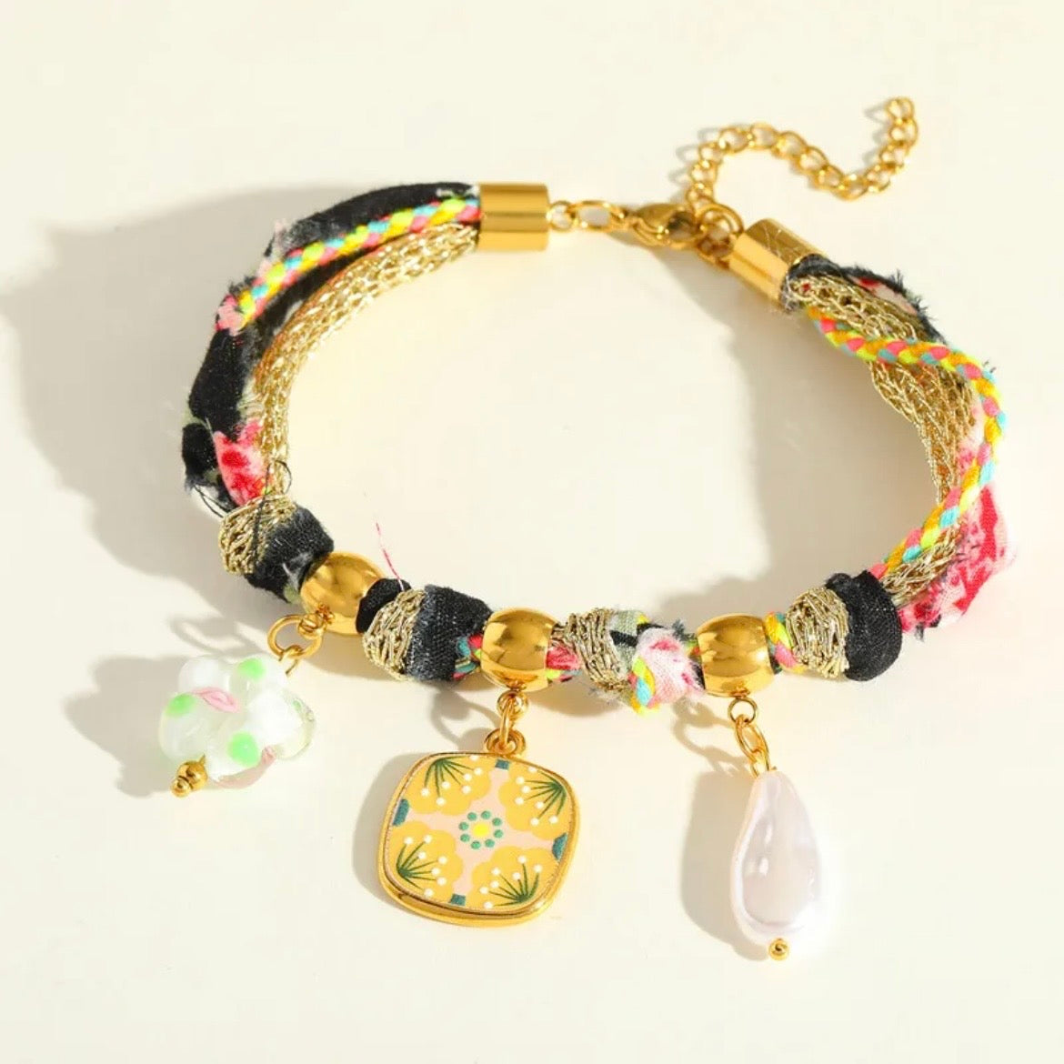 Three styles of silk / scarf charm bracelets