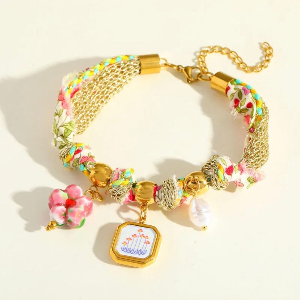 Three styles of silk / scarf charm bracelets