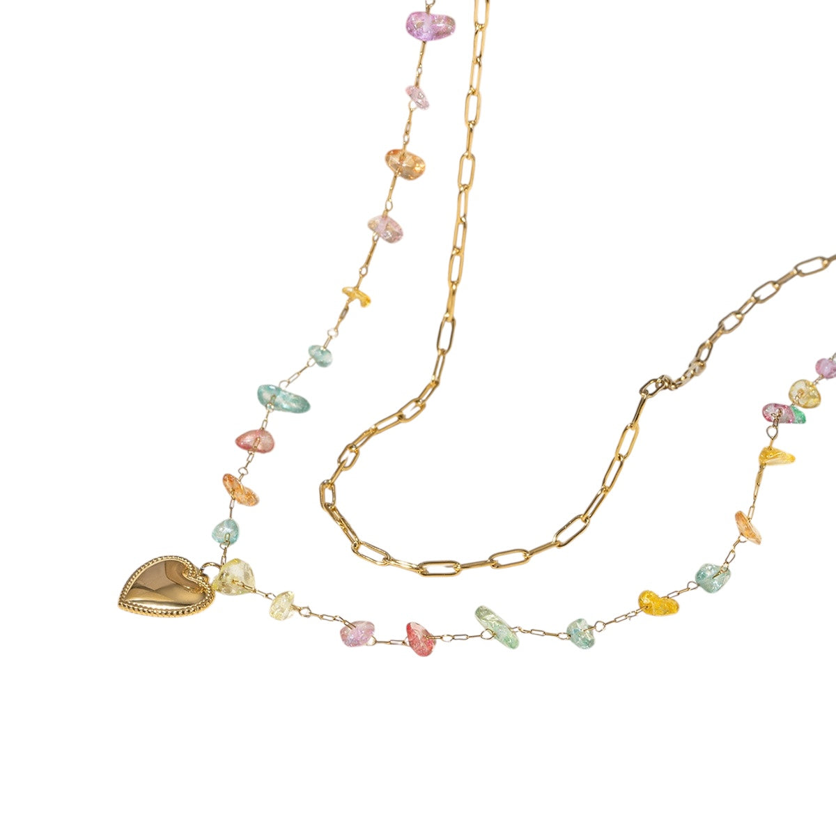 18k gold plated heart pendant, clear pastel gem charm necklace