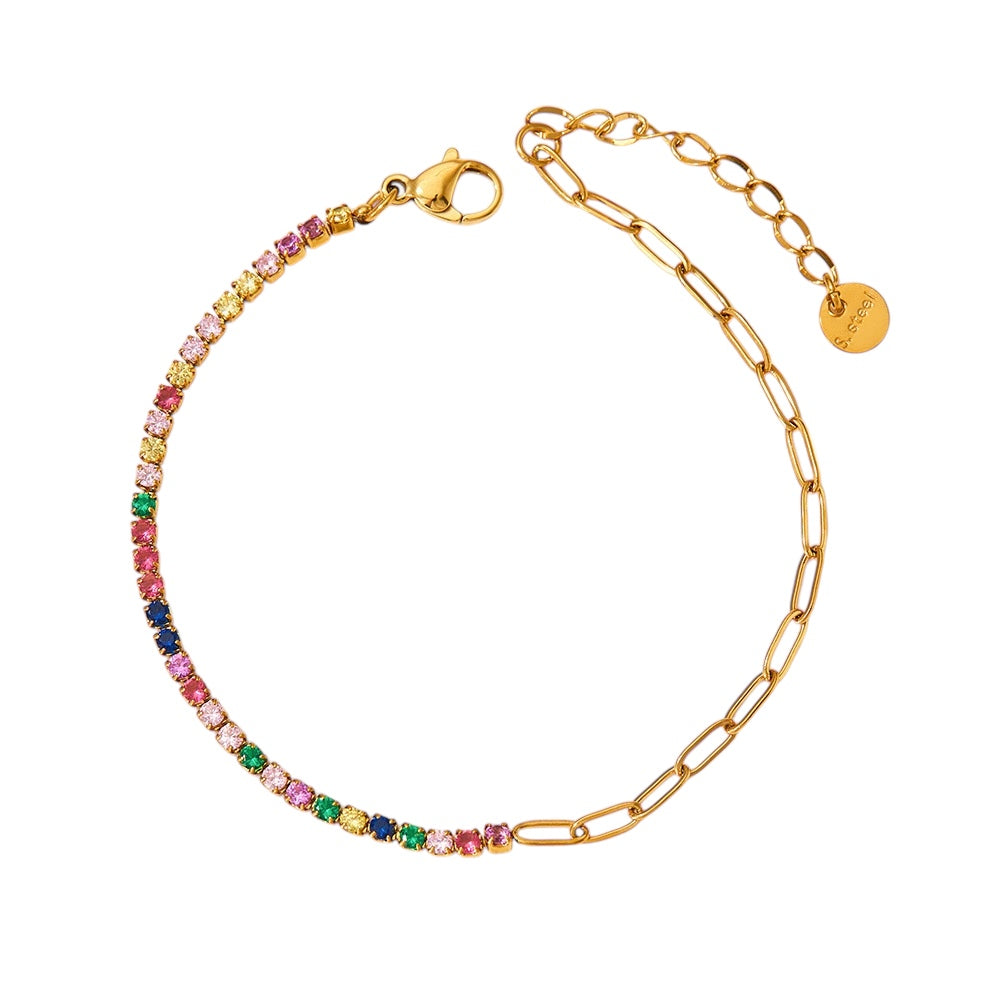 Multi color zirconia gold paper clip charm bracelet