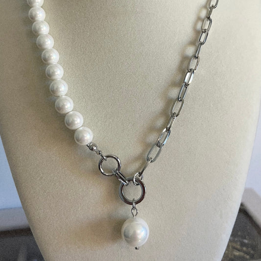 Silver pearl statement paperclip charm necklace