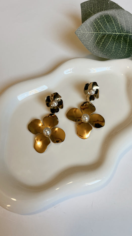 Gold plated pearl statement flower drops