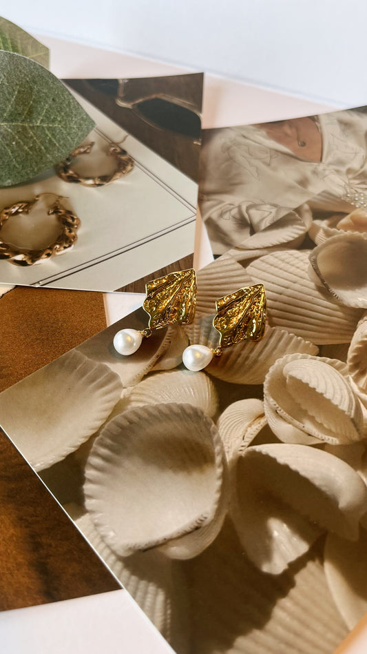 Gold hammered earring pearl drops
